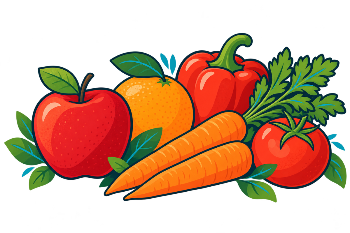 Colorful illustrated fruits and vegetables